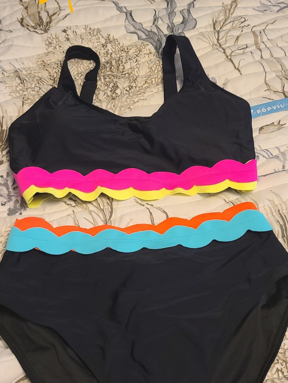 Popvil Women’s Black Scallop Trim Bikini Set with Neon Accents